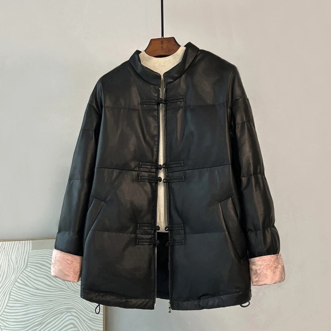 新中式国风女白鹅绒服海宁女士真皮皮衣绵羊皮羽绒服外套加绒加厚