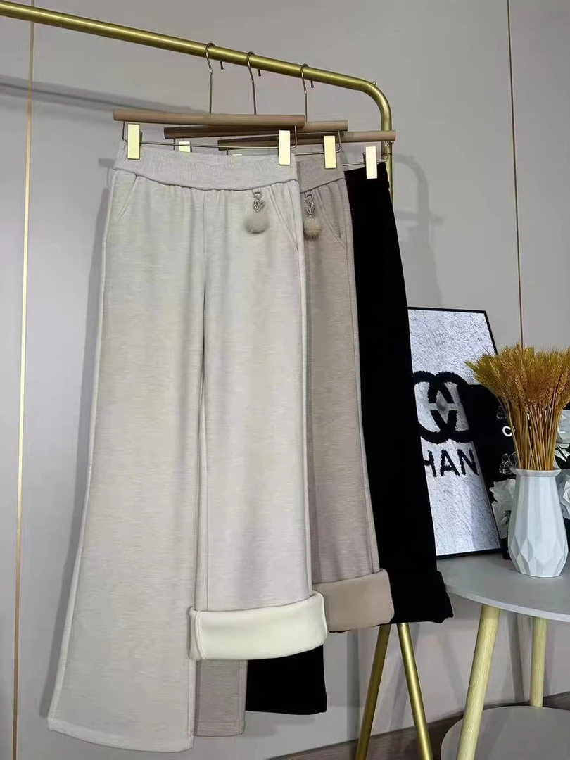 加绒裤冬新款高腰垂感直筒窄版阔腿裤