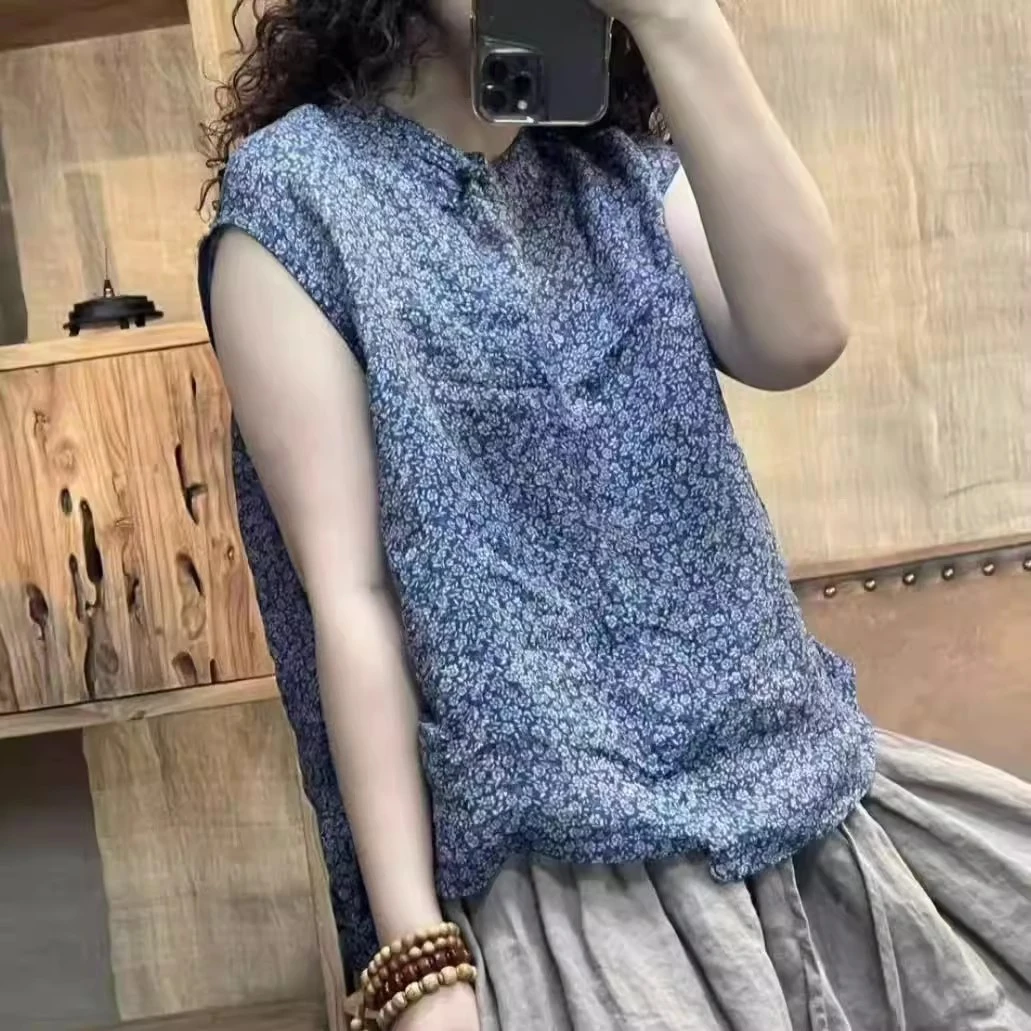 010 252470 夏季新品蓝色小碎花文艺休闲苎麻女上衣 胸围118长56