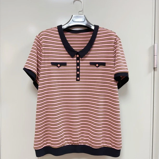 夏季洋气妈妈短袖百搭条纹针织上衣