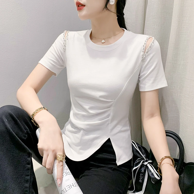 2025春夏圆领手工钉珠短袖t恤女时尚修身皱褶开叉上衣潮