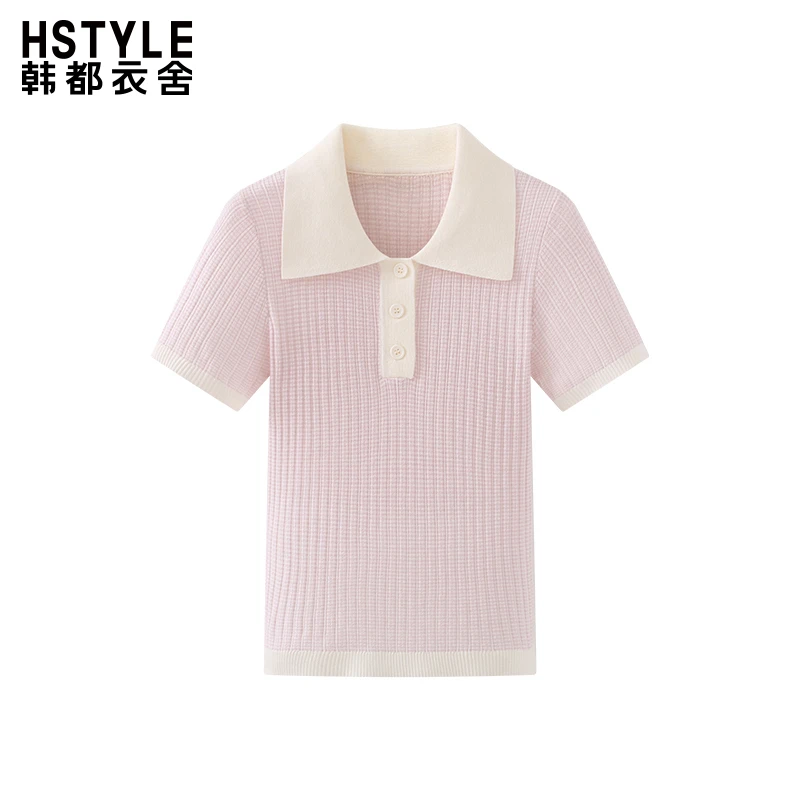 韩都衣舍法式甜美翻领三扣拼色针织短袖女薄款打底上衣夏季新款