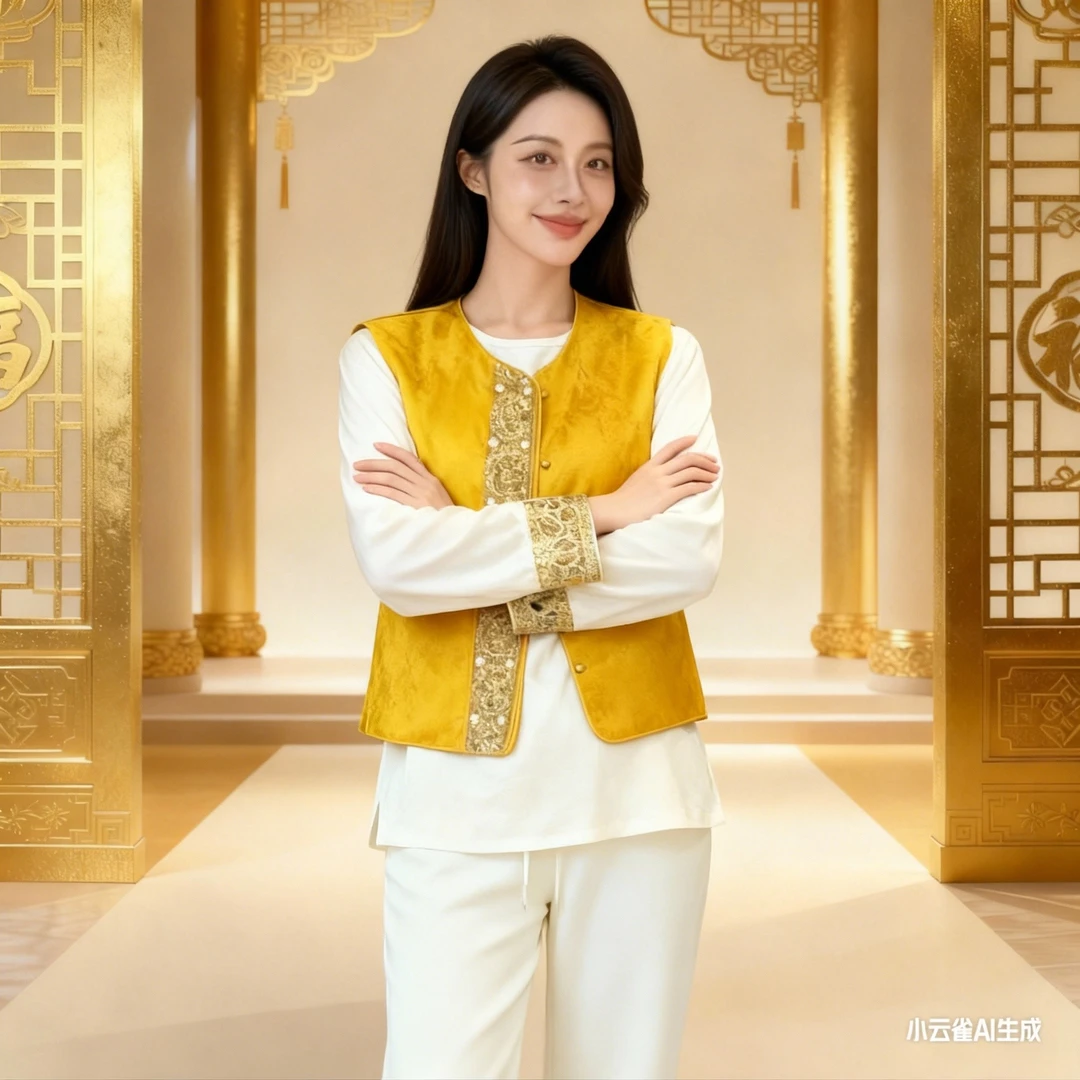 红色腰果花提花重工新中式国风圆领马甲女盘扣打底衫休闲卫裤三件