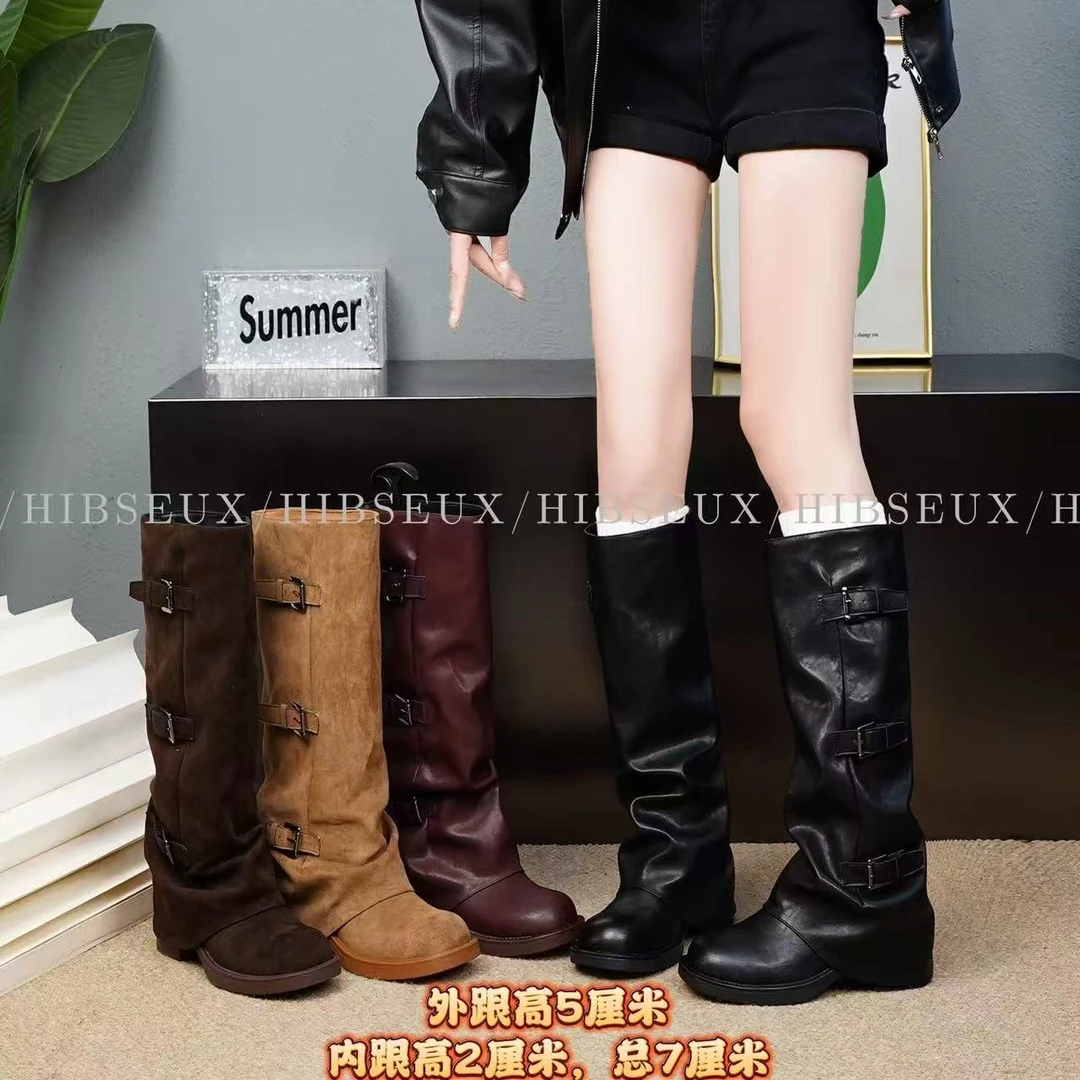 2025款秋季新款裤管靴时尚百搭款多色排扣高跟长筒女士靴