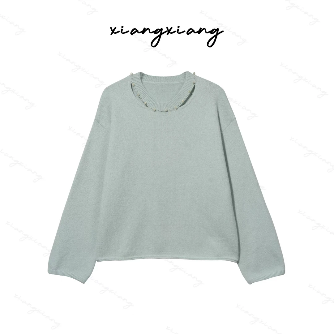 【香香专属】韩系温柔风领口钉珠镂空设计感针织衫XZ24148