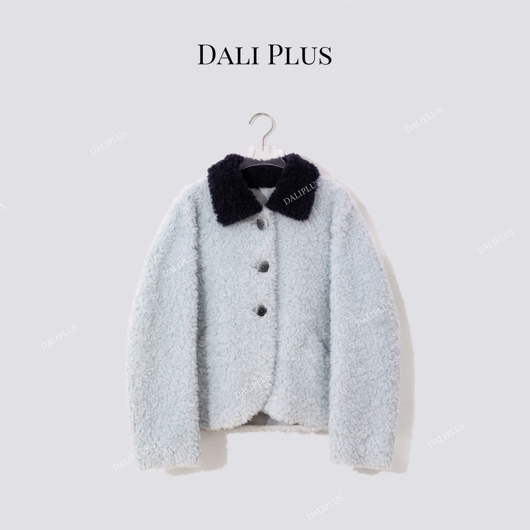 DALI PLUS“藏青领拼蓝色颗粒毛”100绵羊毛长袖外套-D5SC0015