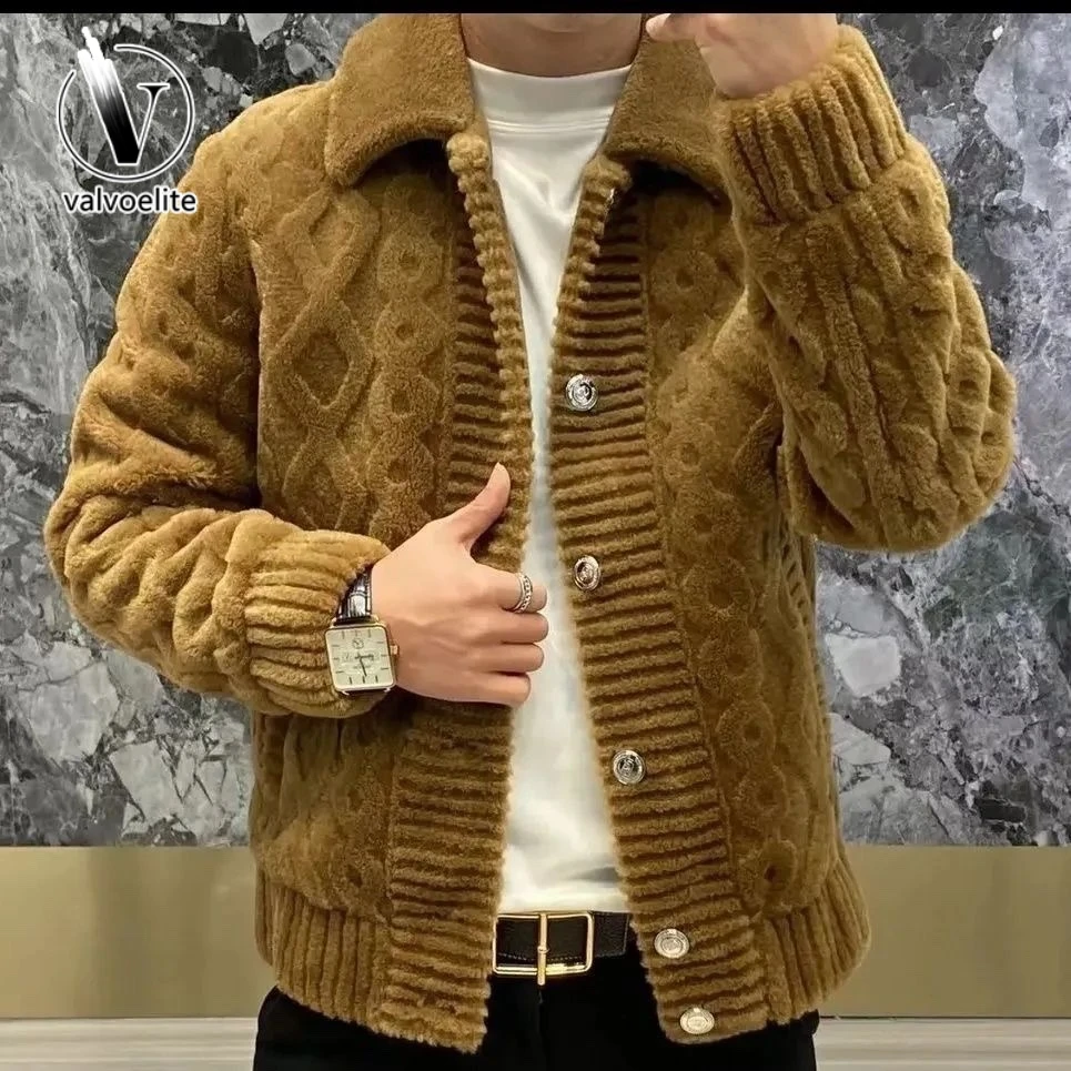 VALVOELITE秋冬新款翻领针织衫外套男士轻奢开衫毛衣潮牌夹克男装