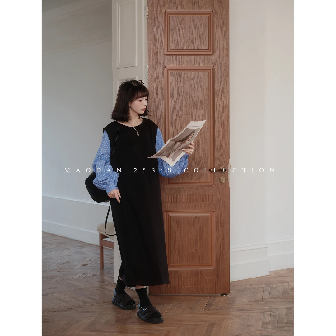 maodan/猫单【里斯本雨】孕妇装假两件衬衫连衣裙宽松显瘦拼接T恤裙