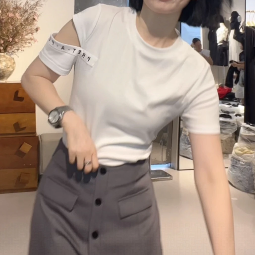 字母单肩开叉宽松百搭显瘦短袖上衣女2025夏季新款时尚休闲上衣