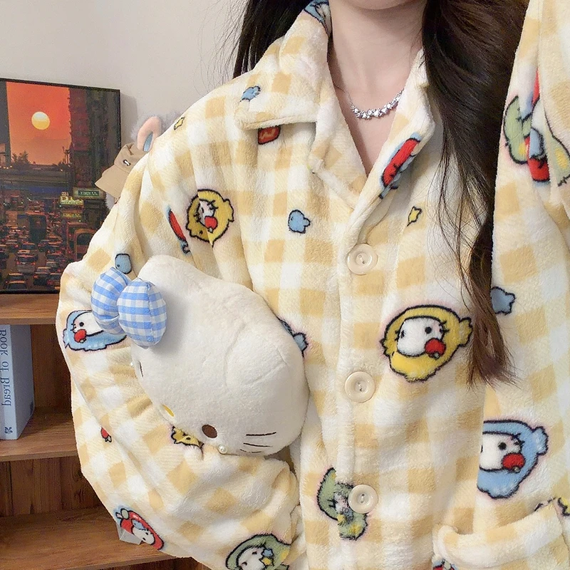 头套kitty西多士睡衣女秋冬季法兰绒长袖长裤加绒加厚保暖家居服