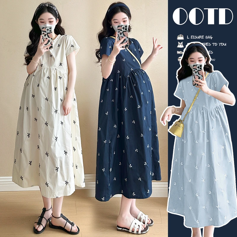 孕妇装2025夏季新款法式时尚洋气V领减龄刺绣蝴蝶结孕妇连衣裙