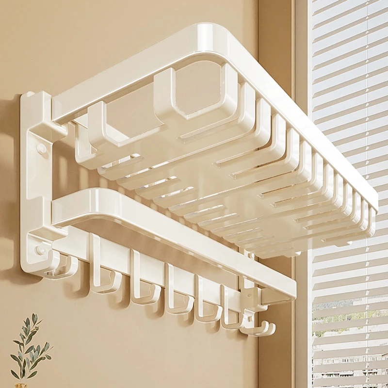 奶油免打孔毛巾架卫生间浴室置物架挂钩收纳家用壁挂浴巾架太空铝