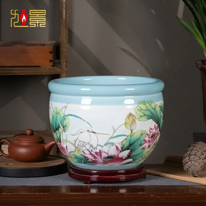 景德镇陶瓷鱼缸书画缸荷花缸家居收纳摆件乔迁公司开业送礼装饰品