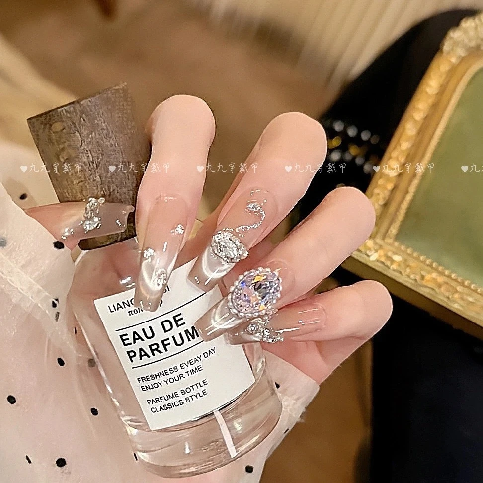 【天鹅湖畔】纯手工高定猫眼手工穿戴甲气质美甲百搭仙女款冰透梯形