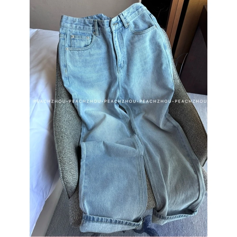 『PEACHZHOU』定番浅色经典BAGGY水洗宽松直筒牛仔裤休闲百搭阔腿裤