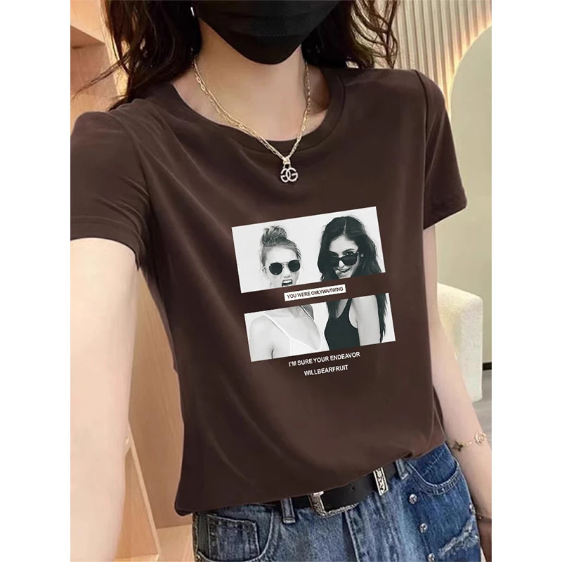 正肩咖啡色短袖t恤女2025新款时尚百搭洋气减龄上衣打底衫春夏季