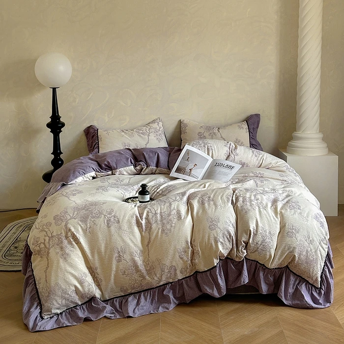 法式加厚水洗棉棉麻四件套亚麻皱皱纱四件套床单被套