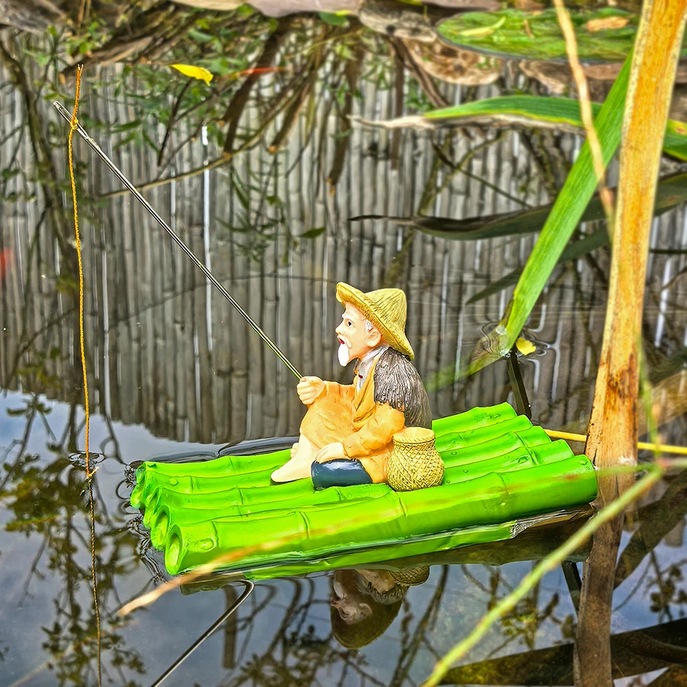 可漂浮竹筏姜太公钓鱼摆件庭院水缸鱼池流水造景鱼缸悬浮喂食器