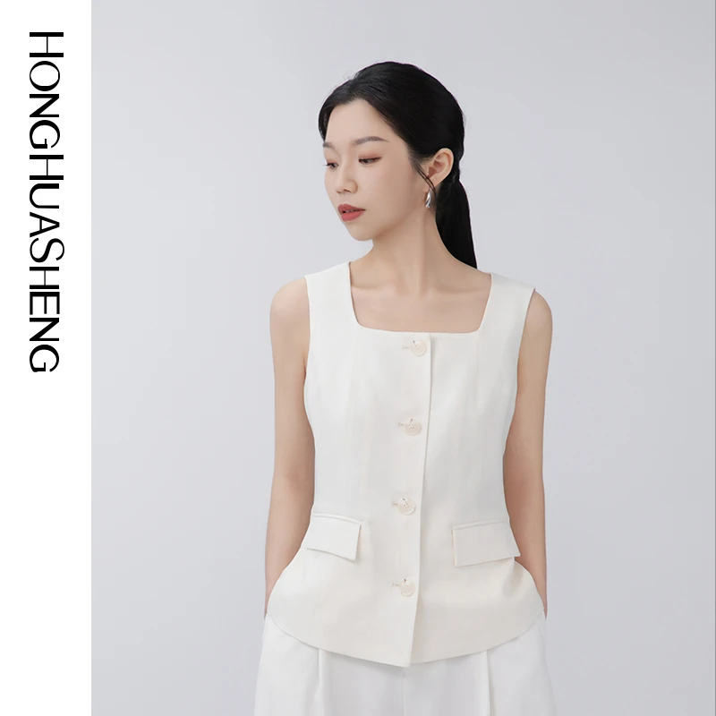 HONGHUASHENG2025早春气质设计感方领醋酸收腰修身背心马甲女