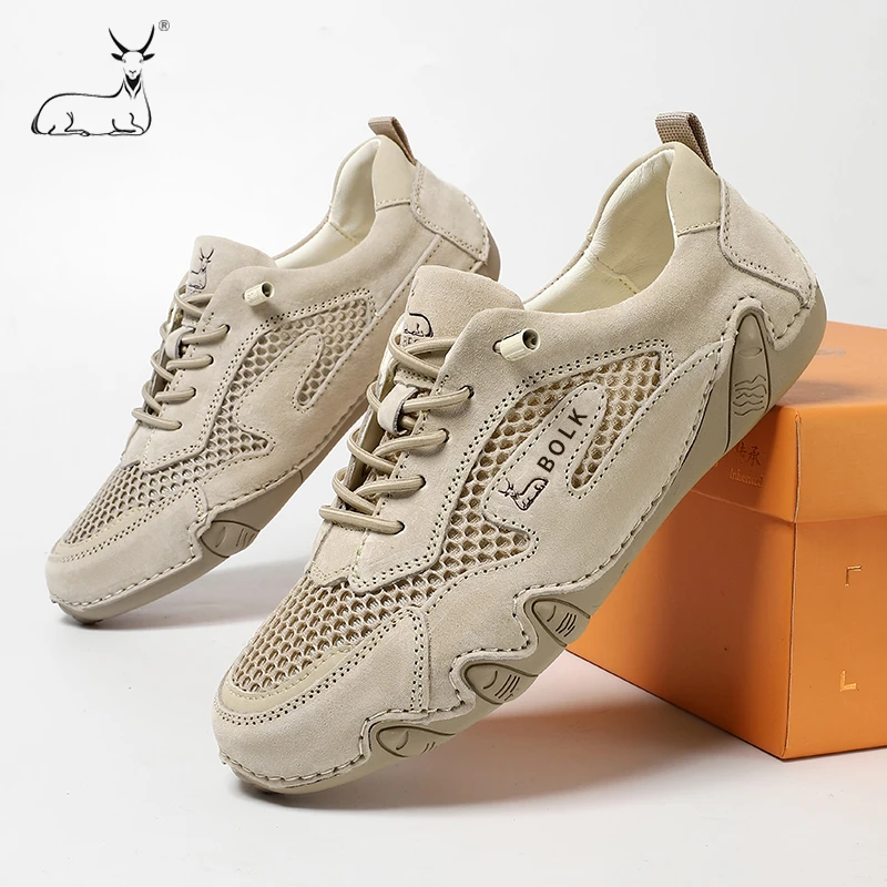 头层牛皮男鞋夏季透气运动休闲网面跑步真皮鞋子网鞋凉鞋男女同款