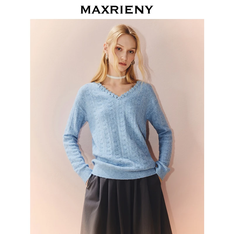 MAXRIENY法式复古感套头毛针织衫女25秋款慵懒感穿搭宽松v领毛衫