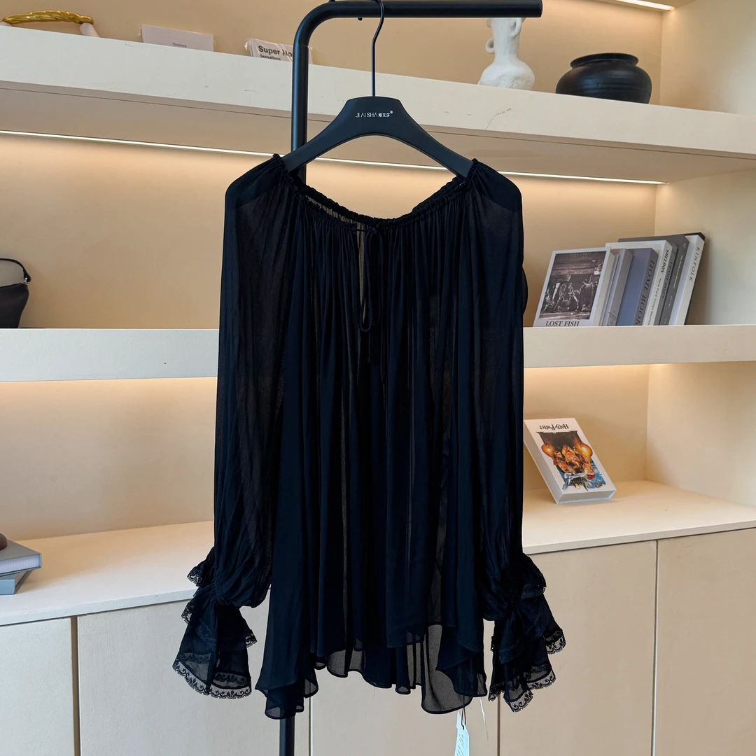 JAS 今屿 春夏法式复古时尚纯色蕾丝花边上衣qc JY252-DB-L370