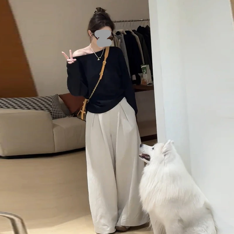 法式温柔风时尚套装女2025春秋新款斜领露肩长袖t恤阔腿裤两件套