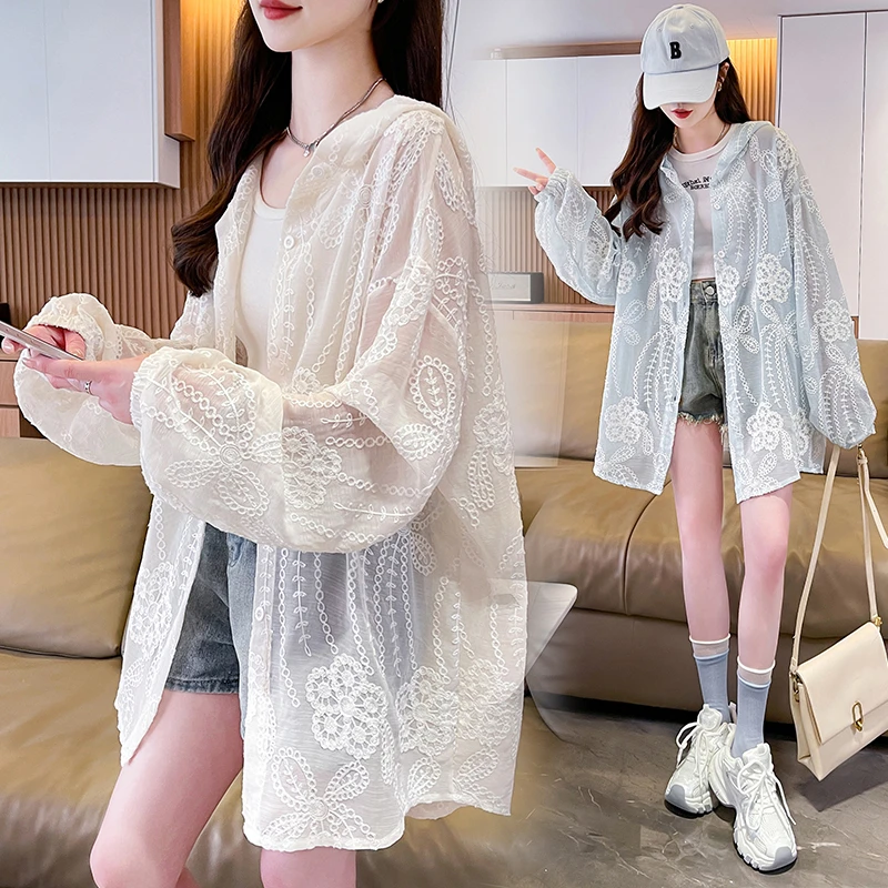超仙防连帽晒衣女款夏季新款透气雪纺刺绣宽松罩衫上衣外套