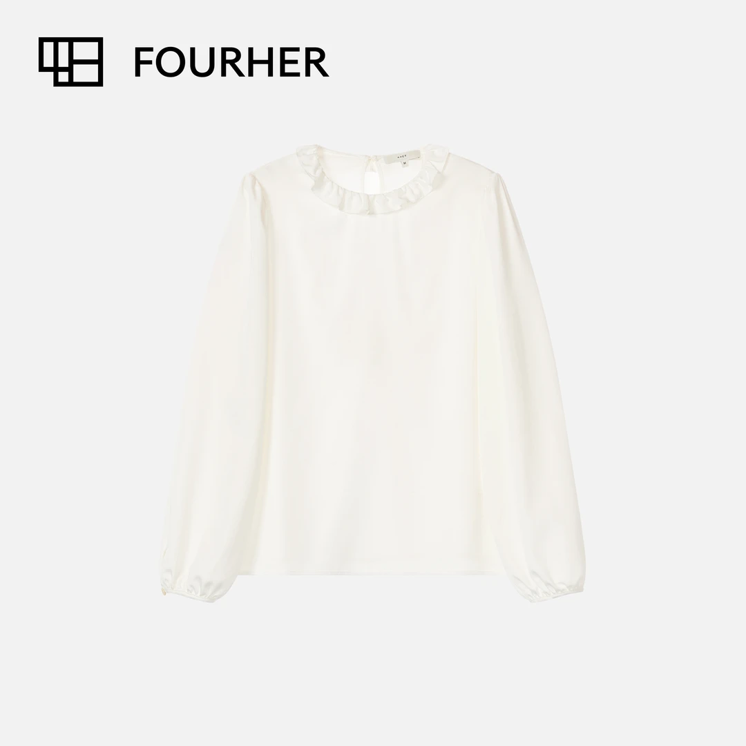 FOURHER 蝴蝶花边 木耳边花事 微泡泡袖垂感丝滑衬衫上衣