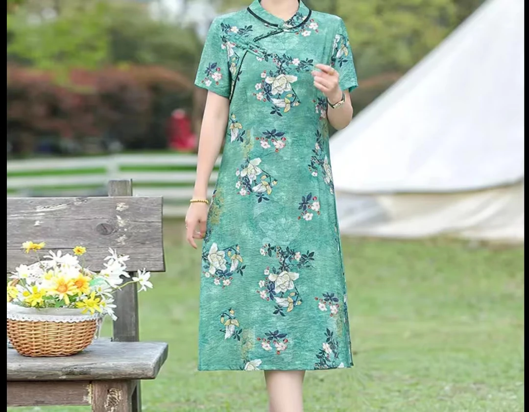 新款夏装短袖气质女连衣裙女装洋气大码时尚薄款旗袍裙显瘦