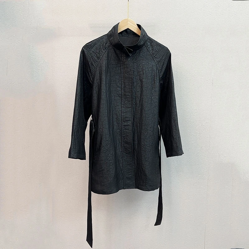 正宗香云纱100%桑蚕丝黑龟老料高领风衣休闲百搭女装中长款上衣女