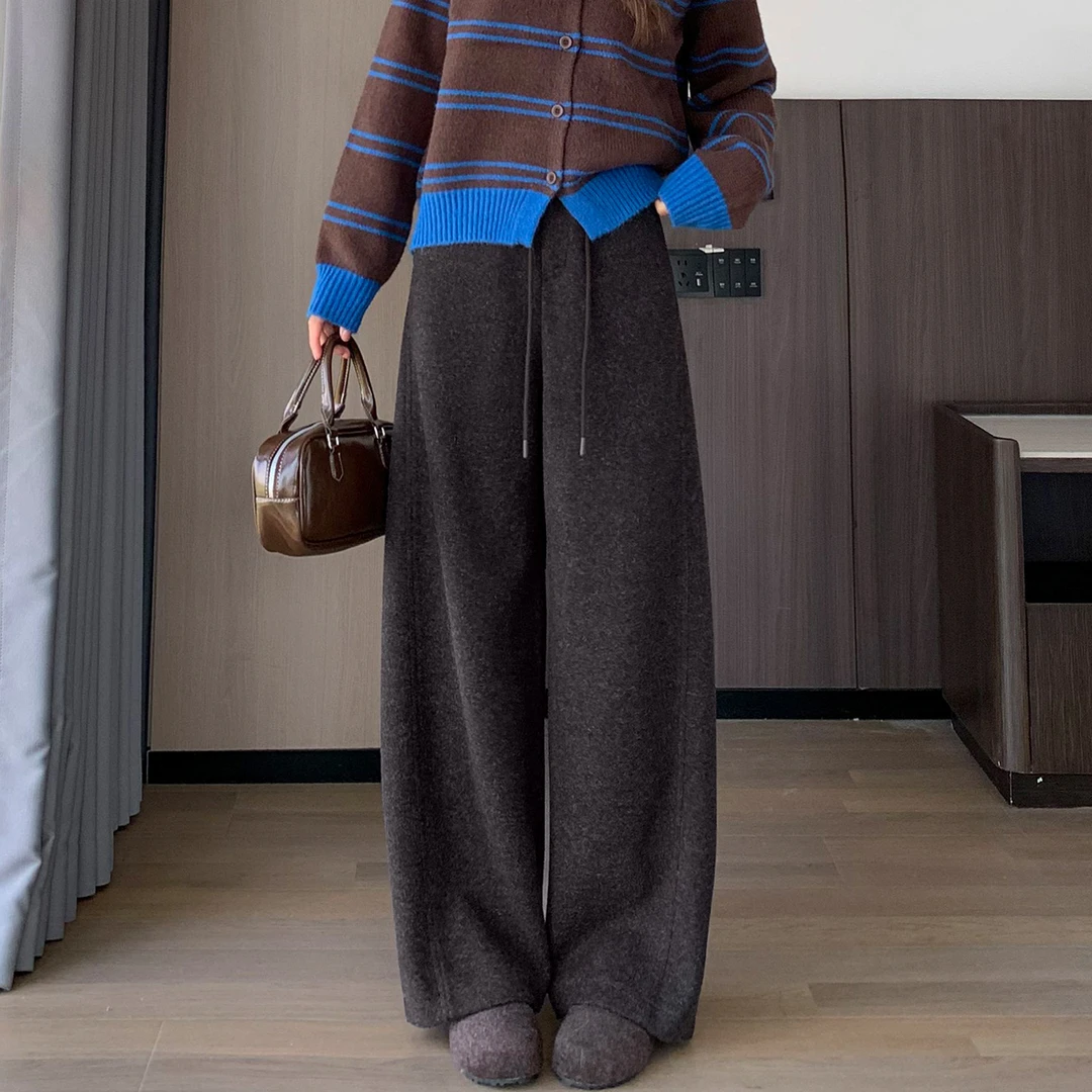 咖色毛呢阔腿裤女秋冬季2025新款高腰垂感显瘦加厚直筒休闲弯刀裤