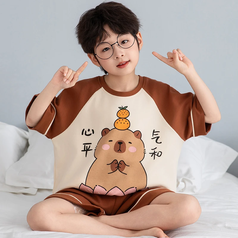 卡皮巴拉儿童短袖睡衣套装春夏季100%纯棉男童家居服中大童初中生