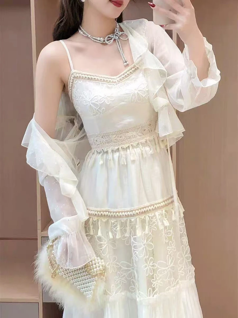 2025新款仙气复古民族风编织流苏吊带花朵蕾丝镂空半身裙三件套