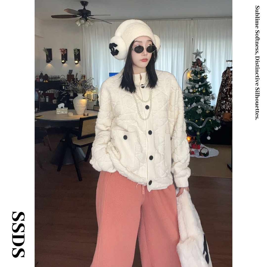 SSDS【云朵糯叽叽】高定小香风菱格纹羊毛针织外套提花气质休闲外套