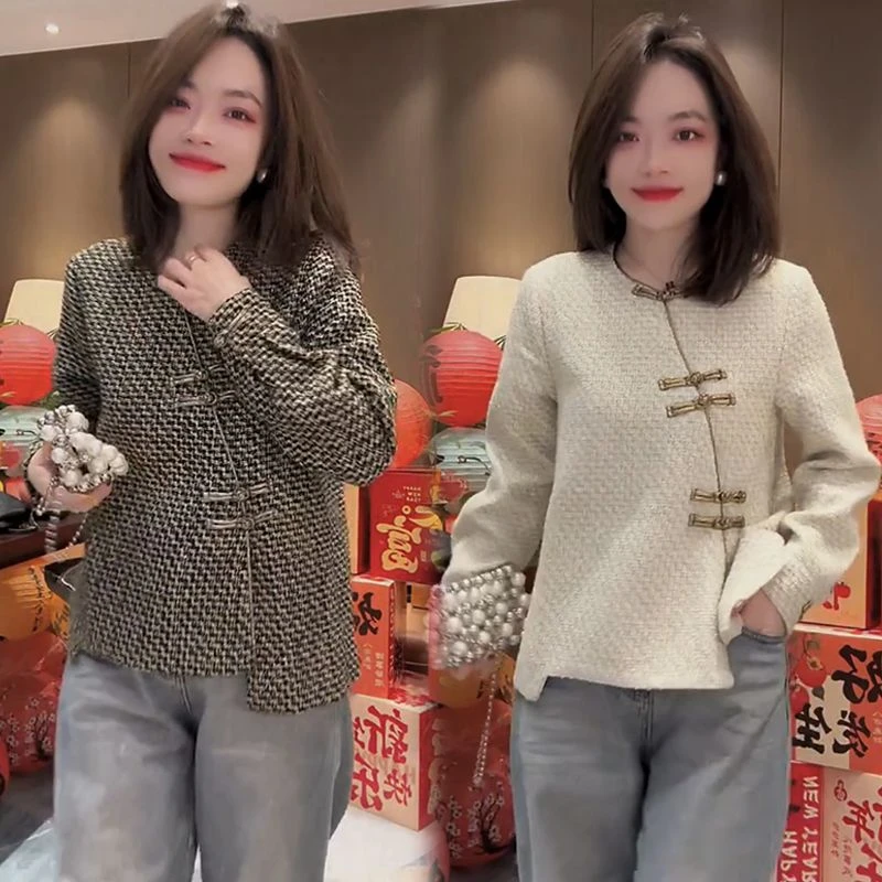 新中式国风衬衫女2025春季新款时尚宽松显瘦盘扣粗花呢百搭上衣潮