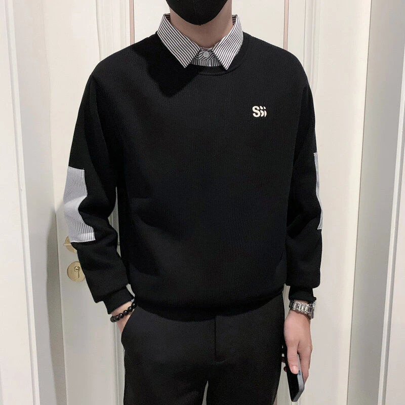 2025春男士假两件潮流百搭韩版青年衬衫领贴布袖卫衣