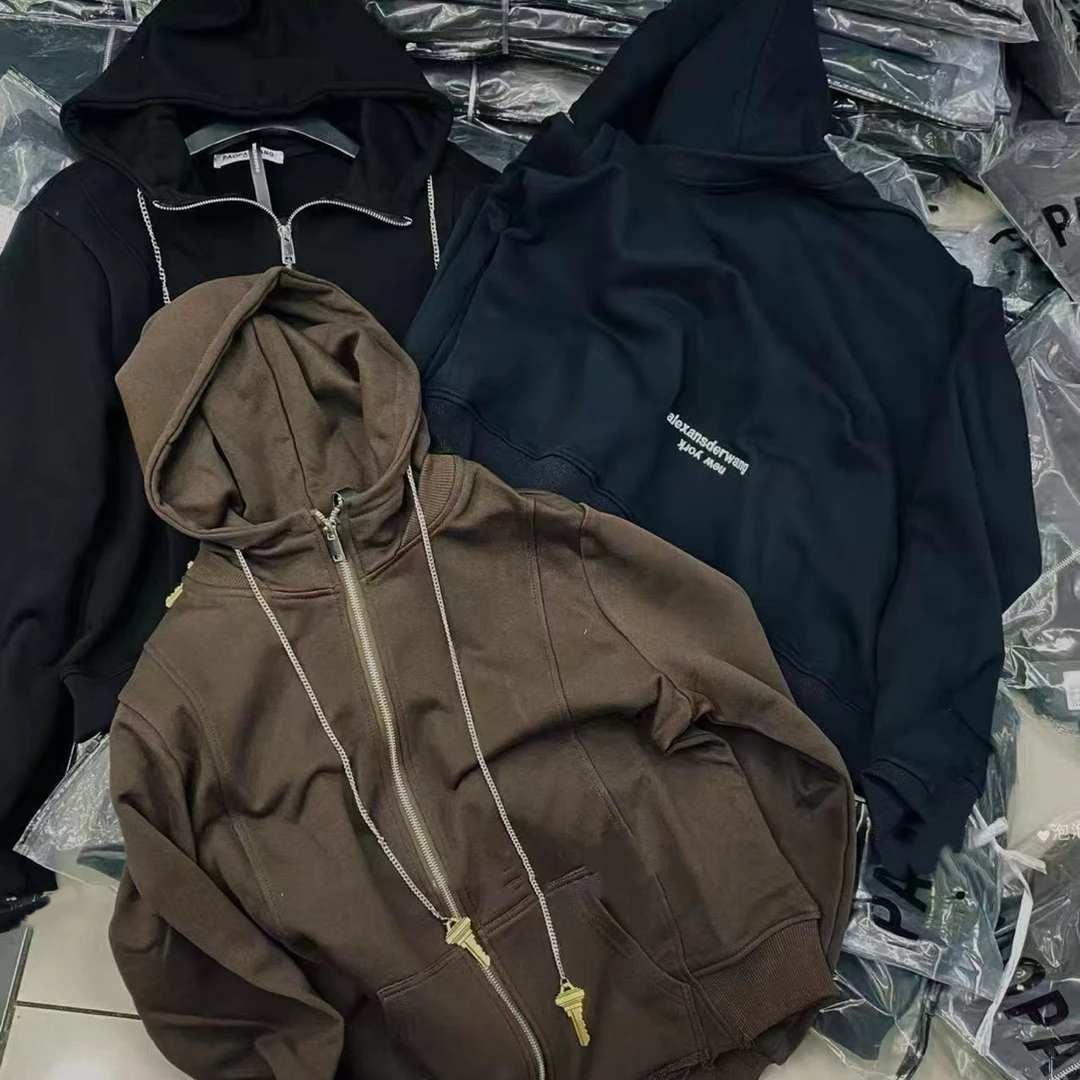 链条纯色连帽秋季做旧卫衣外套