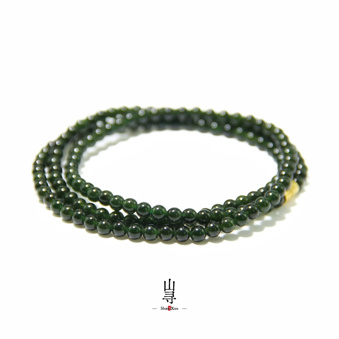 天然和田玉碧玉冰菠菜绿圆珠108颗4mm长链多圈项链女士轻奢百搭