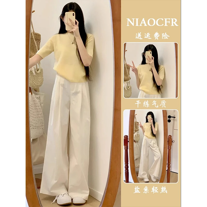 夏天套装女款2025新款小个子茶里茶气上衣夏天阔腿裤薄款两件套装