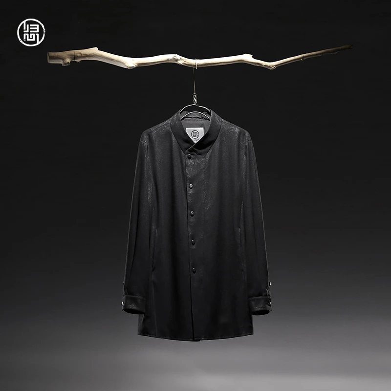 归心2025新款 春季男士 棉混纺 新中式交叠立领 网格镂空衬衫外套