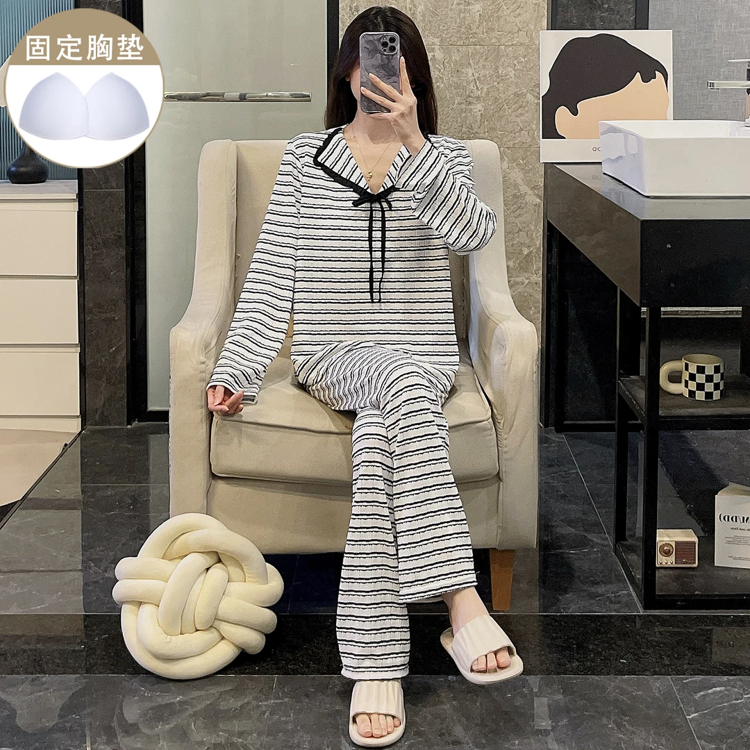 黑色蝴蝶结条纹睡衣女生新款带胸垫宽松长袖长裤春秋季家居服套装