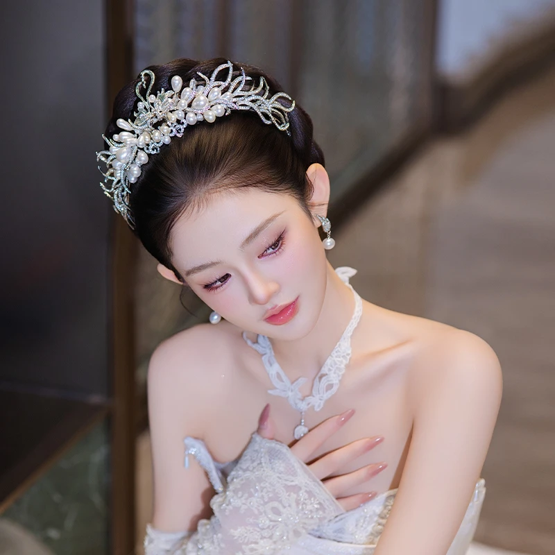 合金婚庆饰品 新娘天鹅皇冠奢华优雅锆石珍珠结婚生日发饰MT0130