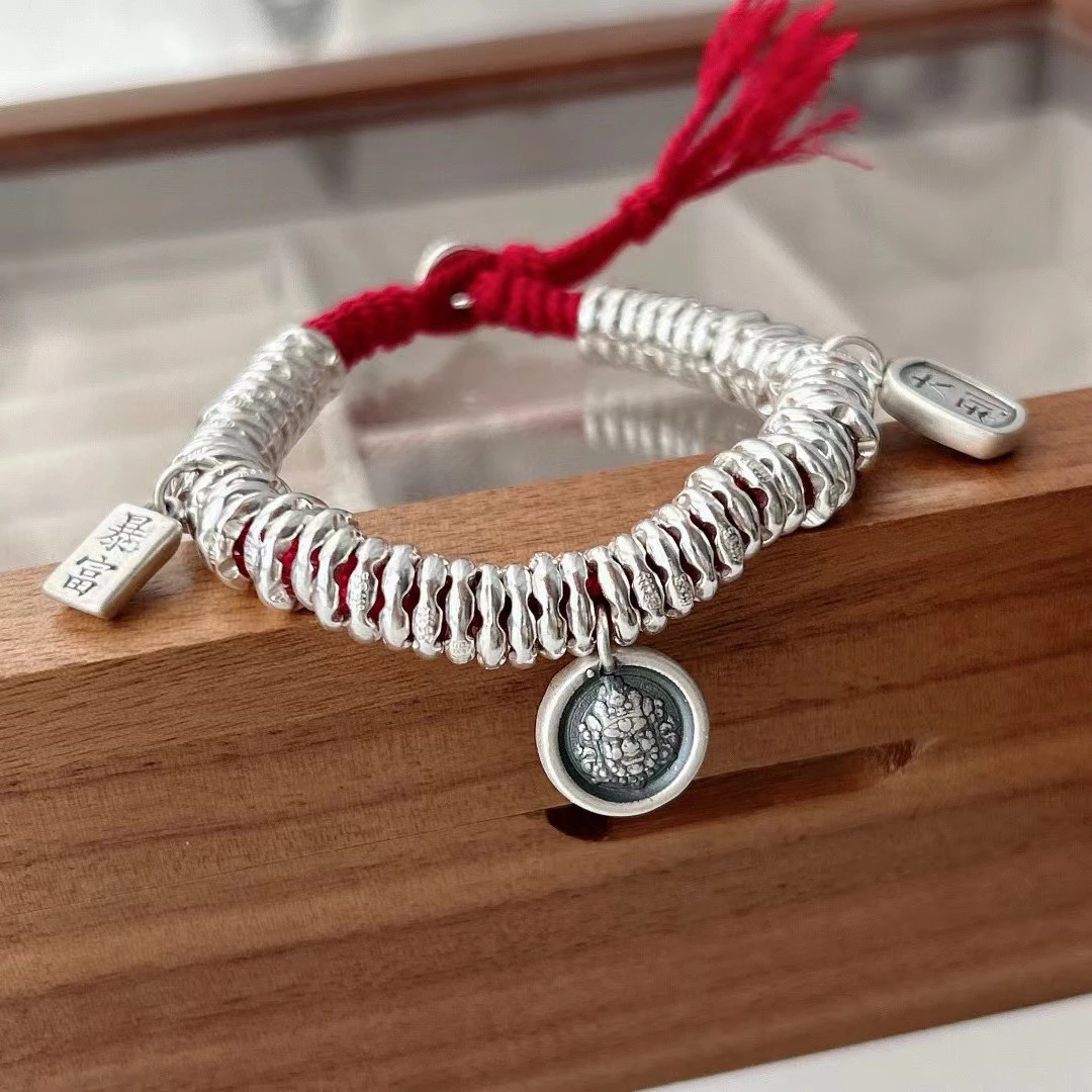 银9999手工编织银盘缠手串黄财神盘缠圆牌手链高级感时尚