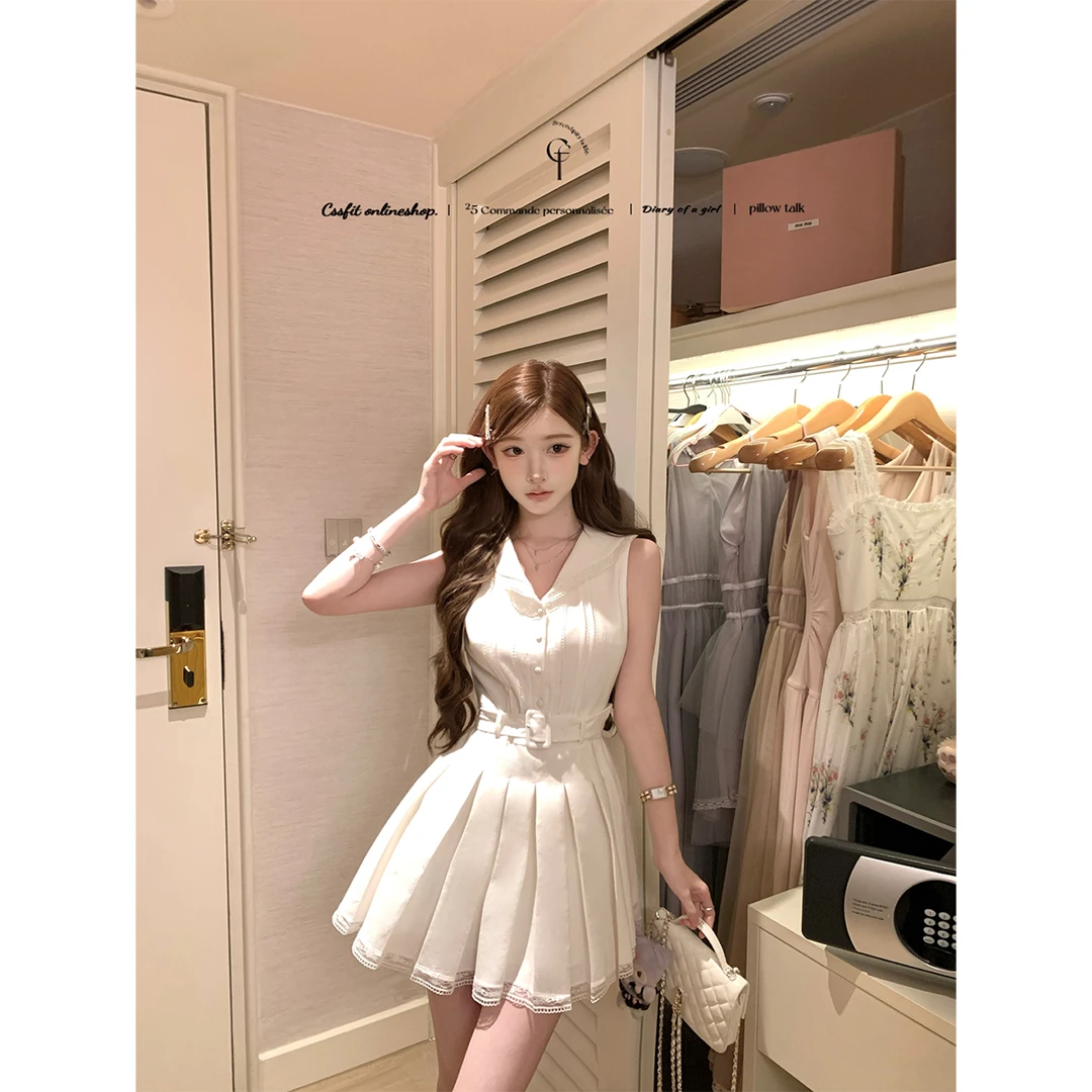 迟伞伞25/ss 悬铃花木 大翻领手工抓襟蕾丝腰带无袖连衣裙短裙夏