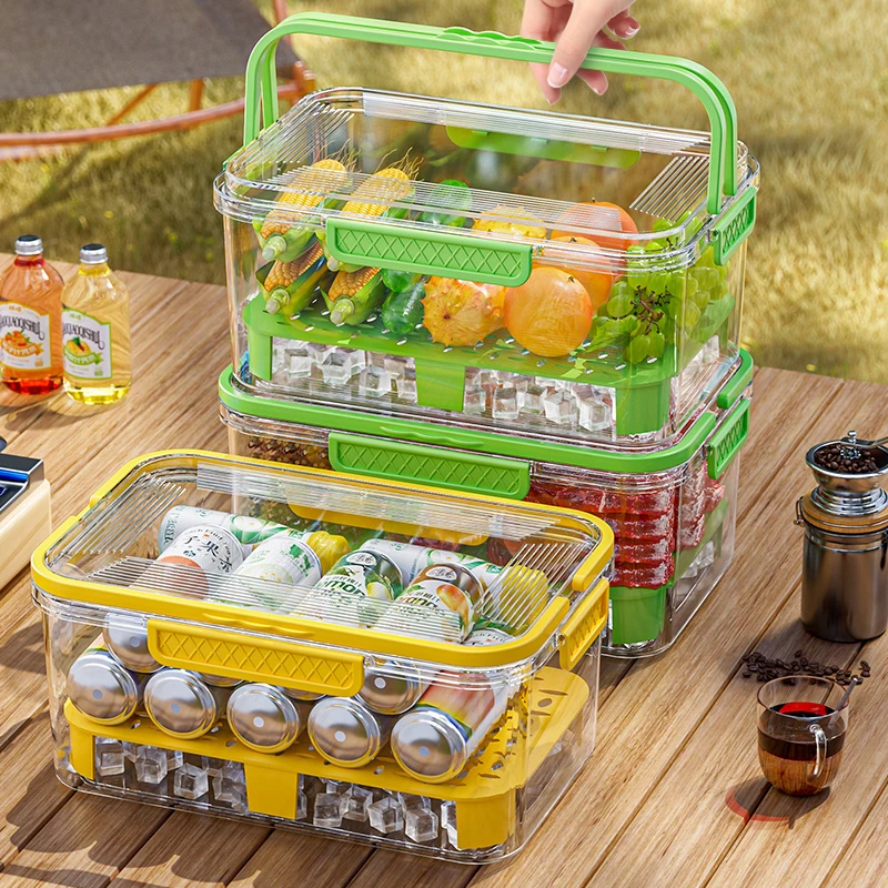 露营户外便携保鲜盒手提带沥水杂粮蔬菜冰箱便当盒春游带盖野餐篮