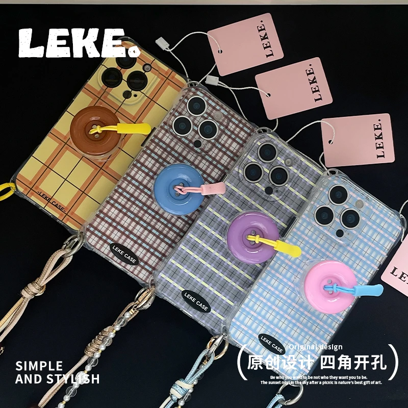 撞色格纹适用苹果16手机壳带挂绳13斜挎15四角开孔14支架11链条12