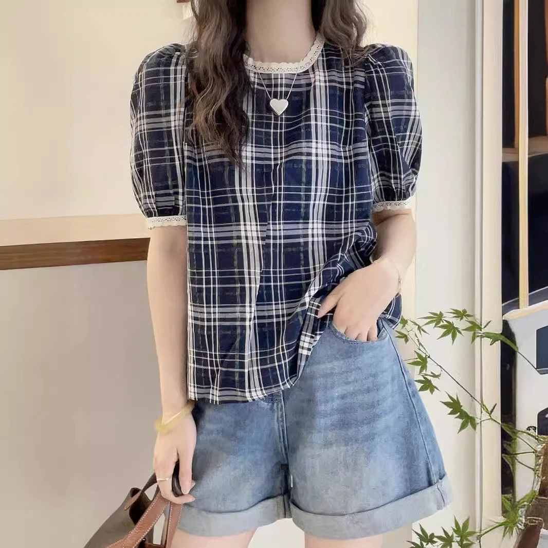 格子衬衫女短袖夏季2024新款洋气衬衣法式别致韩版拼接设计感上衣