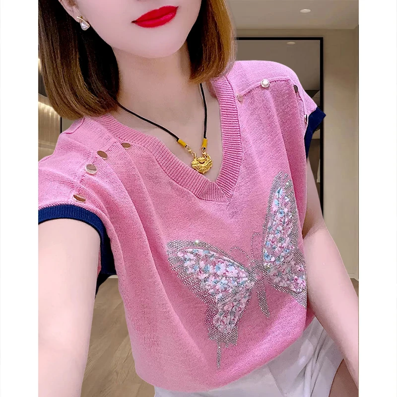 时尚V领蝴蝶结烫钻短袖针织衫女2025年夏季新款宽松显瘦减龄上衣