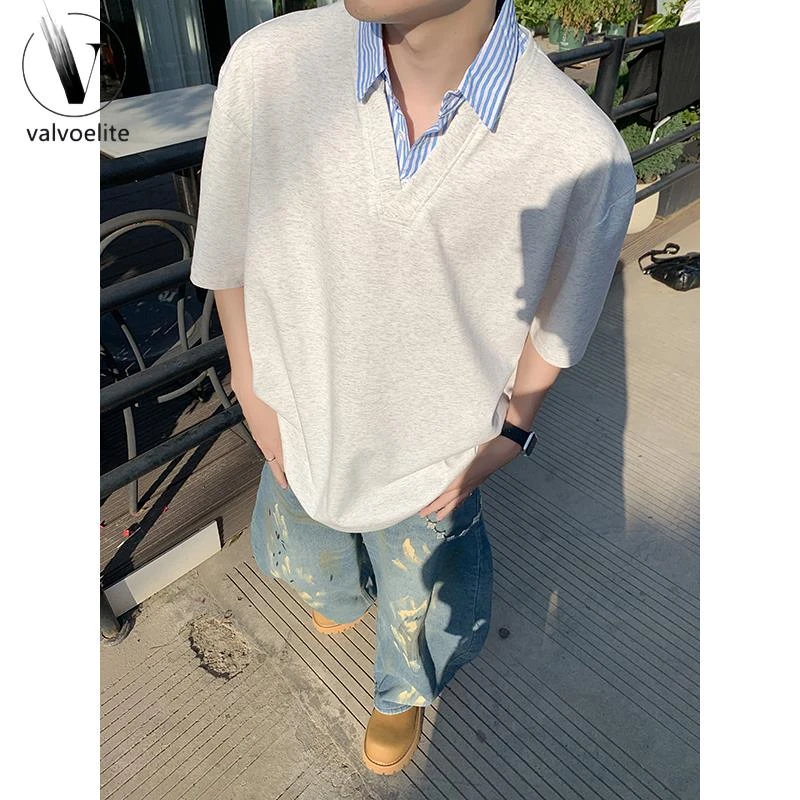 VALVOELITE撞色衬衫领短袖恤男cleanfi假两件拼接体恤夏季痞帅五